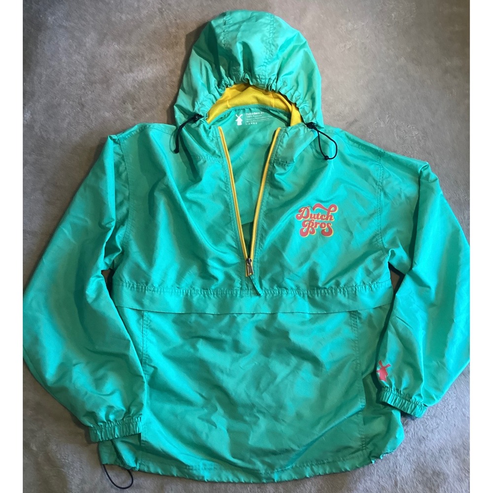 Dutch Bros Windbreaker Pullover Jacket Teal Green Yellow Womens Large